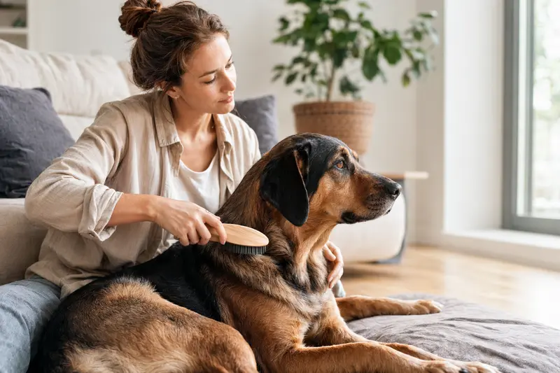 Ein Brandlbracke Hund wird in einer hellen Wohnung sanft gebürstet, während sich der Besitzer liebevoll um die Fellpflege kümmert.