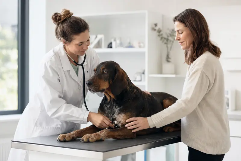 Ein ruhiger Brandlbracke Hund wird von einer Tierärztin mit Stethoskop in einer modernen Tierarztpraxis untersucht, während der Besitzer beruhigend danebensteht.
