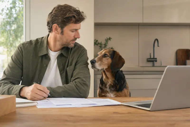 Ein Brandlbracke Hund sitzt entspannt neben seinem Besitzer am Küchentisch, auf dem Versicherungsunterlagen und ein Laptop mit Vergleichsseite liegen.