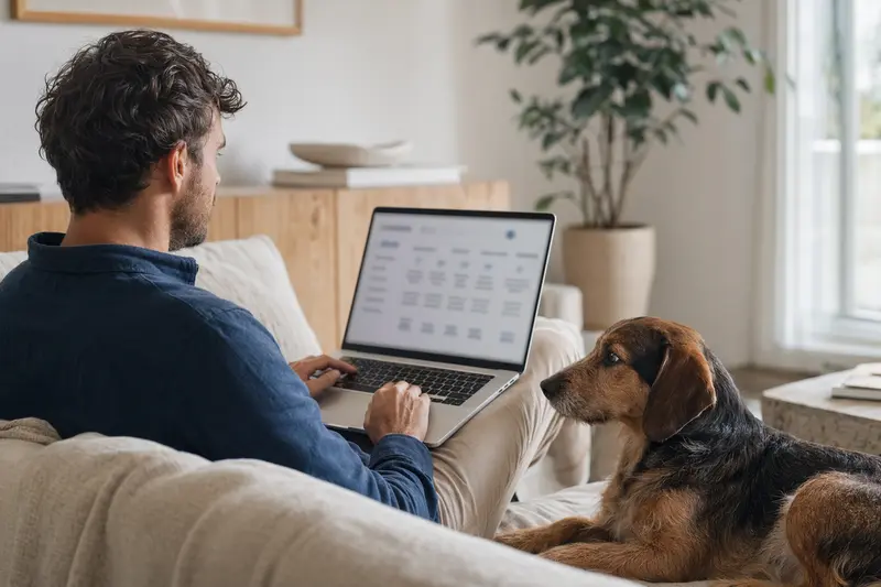 Ein Hundebesitzer sitzt mit Laptop auf dem Sofa, während sein Brandlbracke neben ihm liegt und auf den Bildschirm schaut.