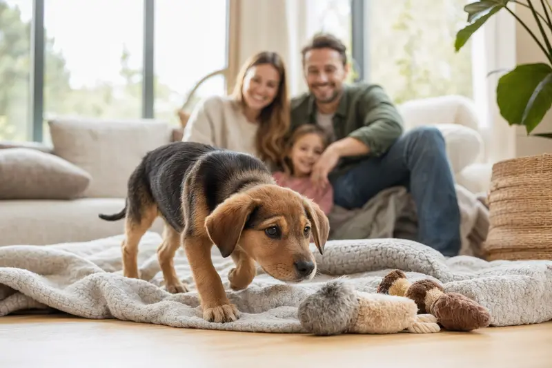 Ein neugieriger Brandlbracke Welpe erkundet sein neues Zuhause mit einer weichen Decke und Spielzeug, während eine liebevolle Familie im Hintergrund zu sehen ist.