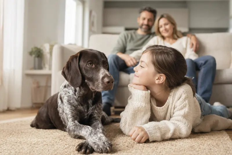 Ein freundlicher Braque Charles Hund liegt entspannt neben einem Kind im Wohnzimmer und vermittelt eine vertrauensvolle Familienatmosphäre.