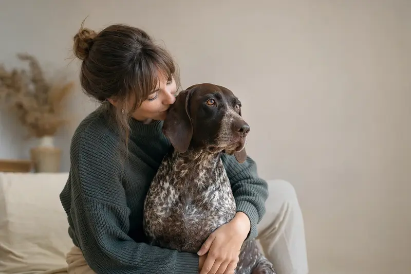 Aufmerksamer Braque Charles Hund in natürlicher Haltung vor hellem neutralem Hintergrund als realistisches Tierporträt.