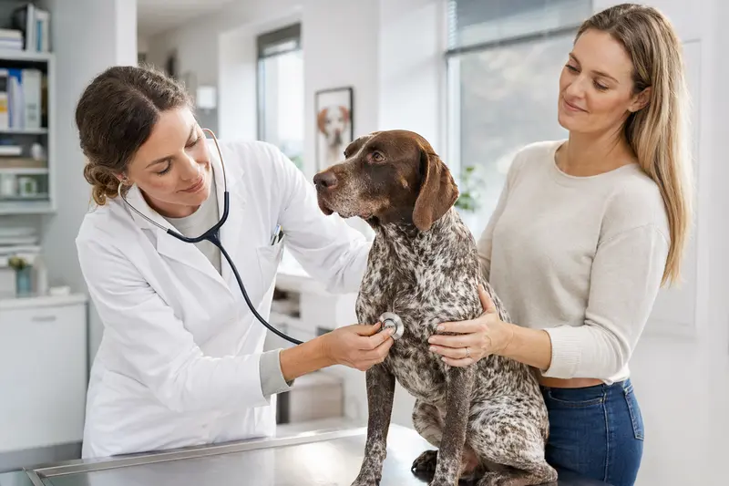 Ein Braque Charles Hund wird liebevoll von einer Tierärztin mit einem Stethoskop untersucht, während sein Besitzer beruhigend daneben steht.