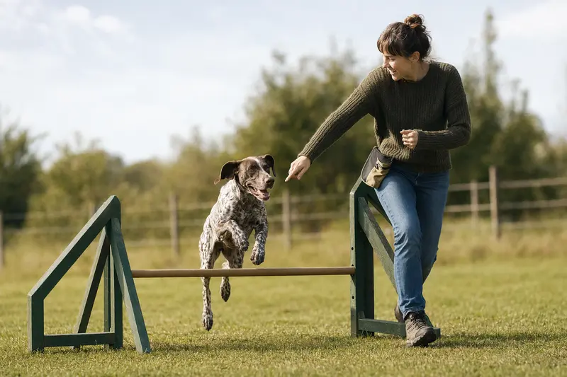 Ein Braque Charles trainiert mit seinem Besitzer auf einem Hundeplatz an einer kleinen Trainingshürde bei sonniger Stimmung.
