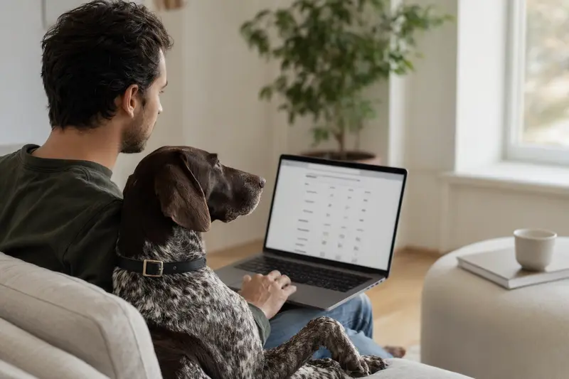 Ein Hundebesitzer sitzt mit einem Laptop auf dem Sofa, während ein Braque Charles neben ihm liegt und eine neutrale Versicherungsvergleichsseite auf dem Bildschirm angezeigt wird.