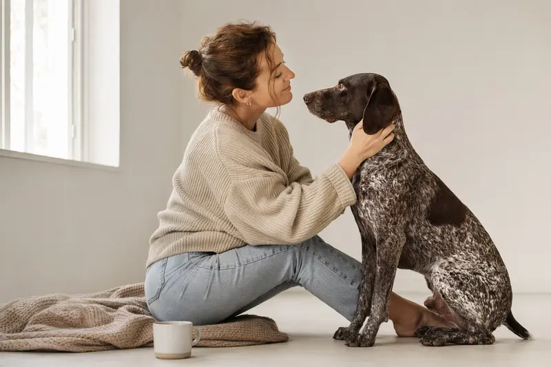 Braque d'Auvergne Hund steht aufmerksam in natürlicher Haltung vor hellem Hintergrund.