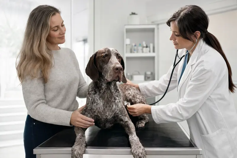 Eine freundliche Tierärztin untersucht einen ruhigen Braque d'Auvergne Hund auf einem Untersuchungstisch in einer modernen Tierarztpraxis.