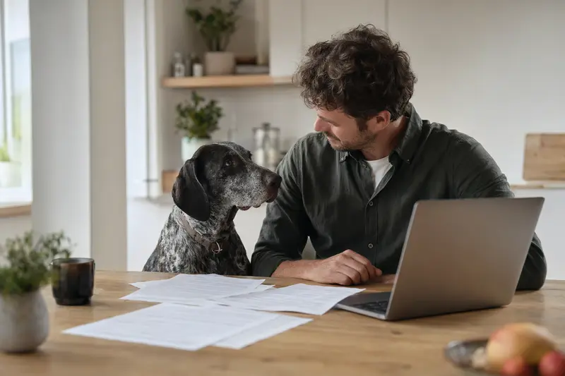 Ein Braque d'Auvergne Hund sitzt neben seinem Besitzer am Küchentisch mit Versicherungsunterlagen und einem Laptop.