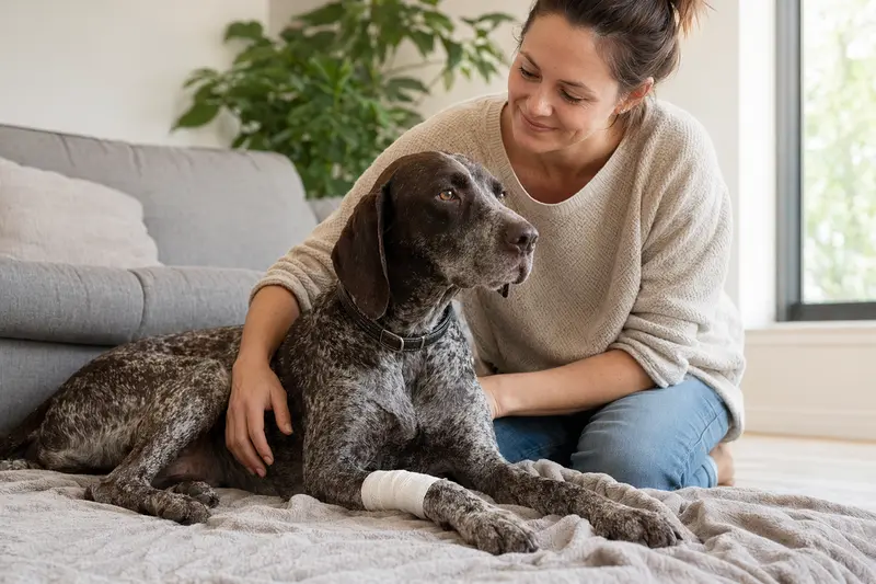 Ein Braque d'Auvergne Hund mit einem Verband an der Pfote liegt entspannt neben seinem Besitzer in einer hellen Wohnung.