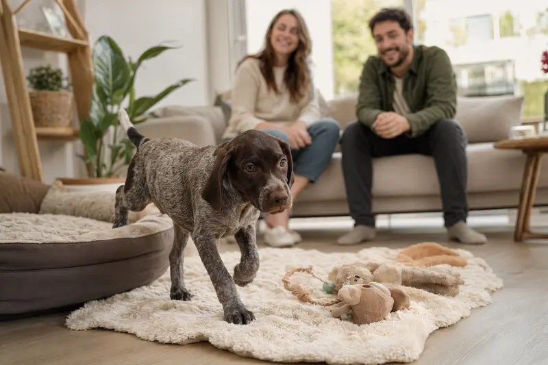 Ein neugieriger Braque d'Auvergne Welpe erkundet seine neue, freundliche Wohnung mit Spielzeug und einer liebevollen Familie im Hintergrund.