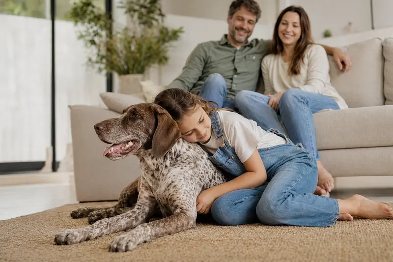 Ein freundlicher Braque de Compiègne Hund liegt entspannt neben einem Kind im hellen Wohnzimmer, während die Eltern im Hintergrund eine sichere Familienatmosphäre schaffen.