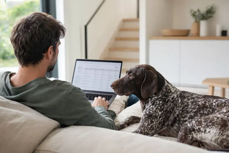 Ein Hund sitzt neben seinem Besitzer, der auf dem Sofa einen Laptop nutzt, um Versicherungsoptionen zu vergleichen.