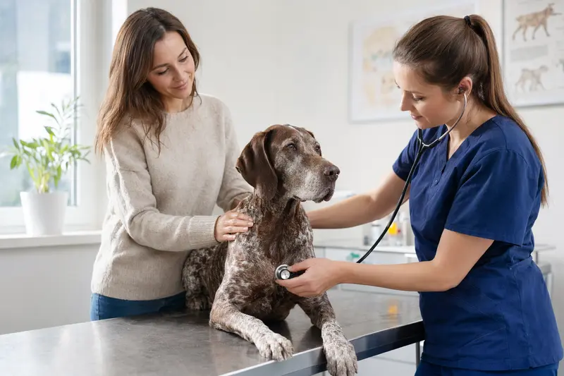 Ein Braque de l Ariege Hund wird von einer Tierärztin behutsam mit einem Stethoskop in einer modernen Praxis untersucht, während der Besitzer beruhigend danebensteht.