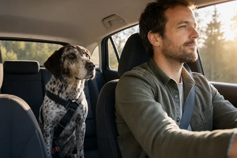 Ein Braque de l Ariege Hund sitzt sicher angeschnallt auf der Rückbank eines Autos, während das Sonnenlicht durch das Fenster scheint.