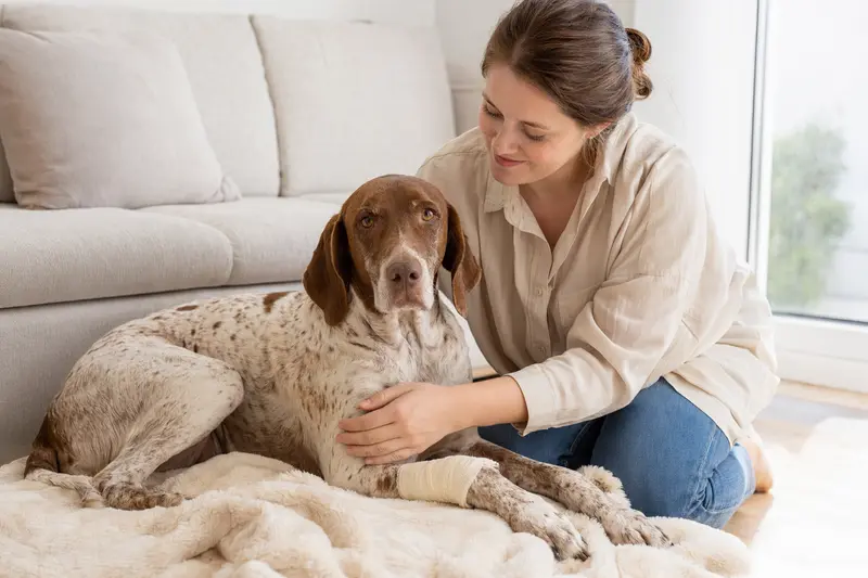 Ein Braque de l Ariege Hund mit Verband an der Pfote liegt gemütlich auf einer Decke, während sein erleichterter Besitzer neben ihm sitzt.
