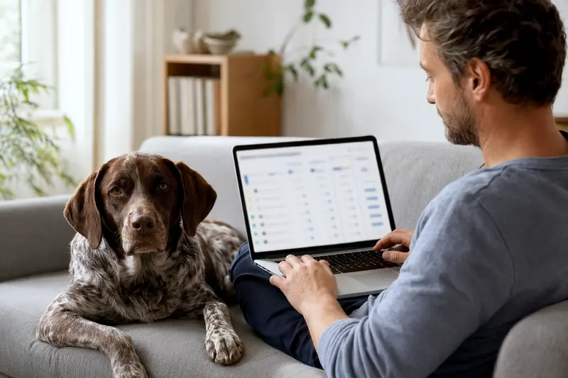 Ein Hundebesitzer arbeitet am Laptop auf dem Sofa, während ein Braque de l Ariege neben ihm sitzt und eine neutrale Versicherungsvergleichsseite sichtbar ist.