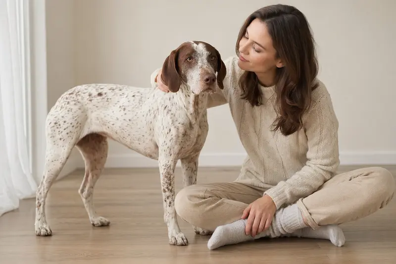 Ein aufmerksam stehender Braque du Bourbonnais Hund vor hellem Hintergrund im realistischen Tierportrait.