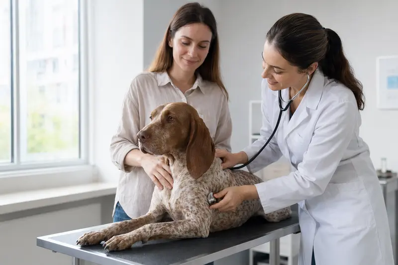 Ein Braque du Bourbonnais Hund wird von einer freundlichen Tierärztin mit einem Stethoskop in einer modernen Tierarztpraxis untersucht.