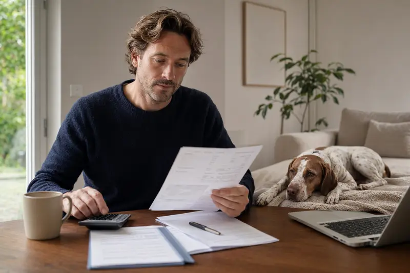 Ein Hundebesitzer sitzt mit einer Tierarztrechnung am Tisch, während ein entspannter Braque du Bourbonnais auf einer Decke liegt und das Thema Tierarztkosten und Hundekrankenversicherung ruhig vermittelt.