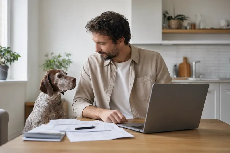 Ein Braque du Bourbonnais Hund sitzt neben seinem Besitzer am Küchentisch, während Versicherungsunterlagen und ein Laptop mit Vergleichsseite auf dem Tisch liegen.