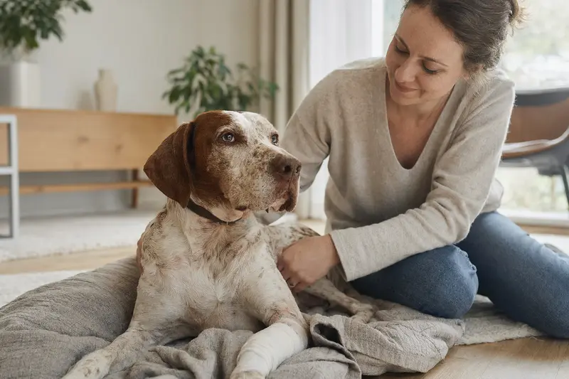 Ein Braque du Bourbonnais Hund mit Verband an der Pfote liegt entspannt neben seinem Besitzer in einer hellen Wohnung.