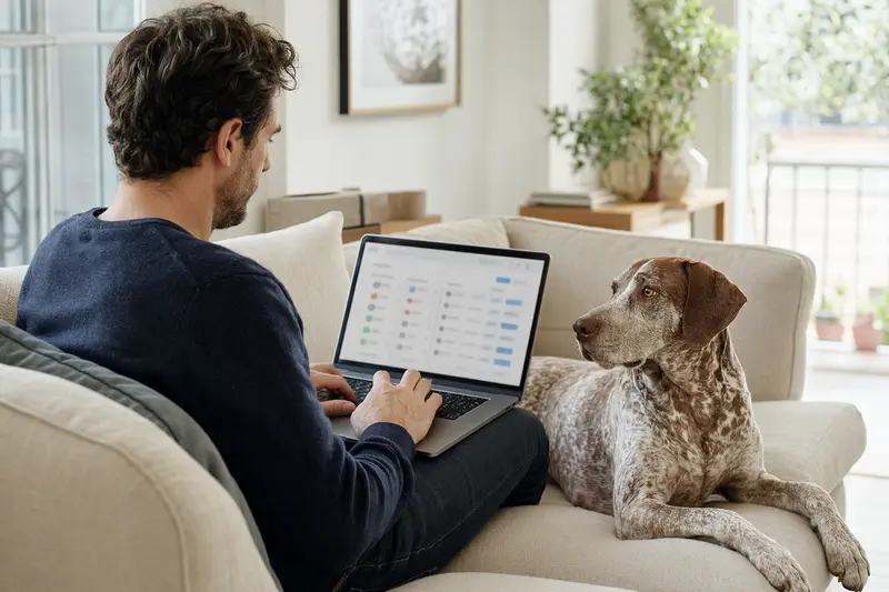 Ein Hund der Rasse Braque du Bourbonnais sitzt neben seinem Besitzer auf dem Sofa, während dieser am Laptop eine neutrale Versicherungsvergleichsseite durchschaut.