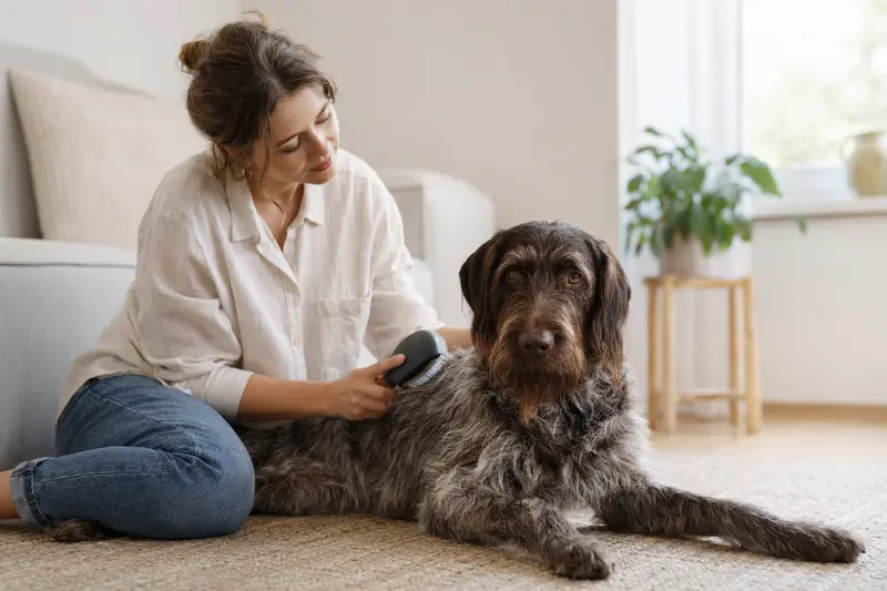 Ein Braque du Puy Hund wird in einer hellen Wohnung sanft gebürstet, während sein Besitzer liebevoll die Fellpflege übernimmt.