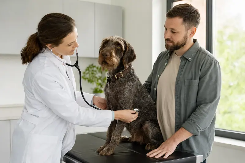 Ein Braque du Puy Hund wird von einer freundlichen Tierärztin in einer modernen Praxis mit einem Stethoskop untersucht, während sein Besitzer beruhigend daneben steht.