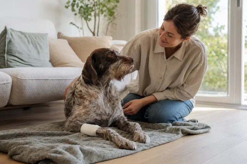 Ein Braque du Puy Hund mit leichtem Verband an der Pfote liegt entspannt neben seinem Besitzer in einer hellen Wohnung.