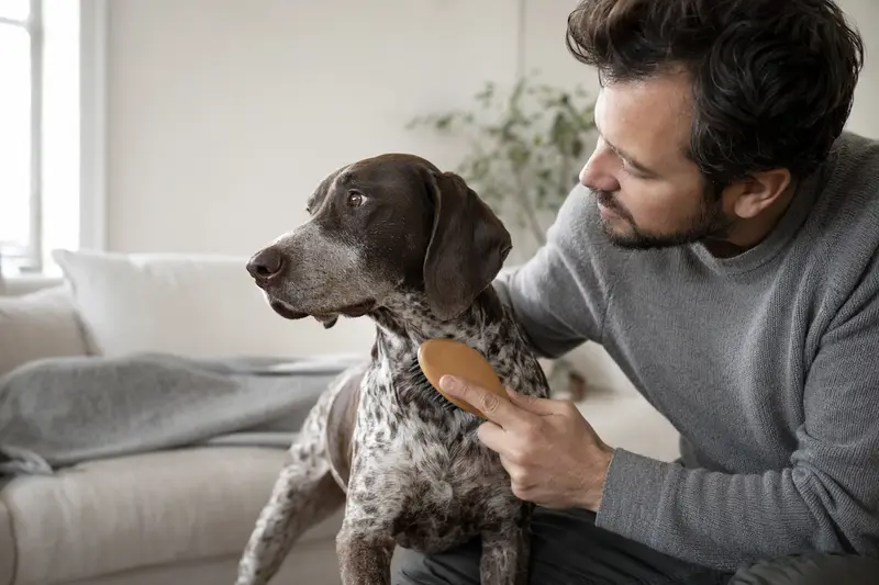 Ein Braque Francais Hund wird in einer hellen Wohnung sanft gebürstet und liebevoll gepflegt.