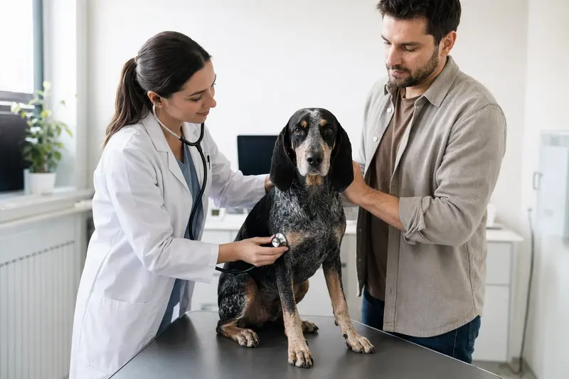 Ein ruhiger Braque français, Typ Gascogne Hund wird von einer freundlichen Tierärztin in einer modernen Praxis mit einem Stethoskop untersucht, während der Besitzer beruhigend daneben steht.