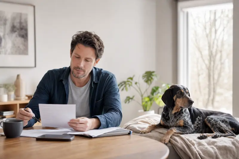 Ein Hundehalter sitzt mit einer Tierarztrechnung am Tisch, während ein Braque français, Typ Gascogne entspannt auf einer Decke liegt – ein ruhiges Motiv zu Tierarztkosten und Hundeversicherung.