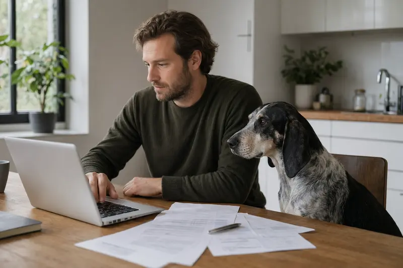 Ein Braque français, Typ Gascogne, sitzt entspannt neben seinem Besitzer am Küchentisch, während Versicherungsunterlagen und ein Laptop auf dem Tisch liegen.