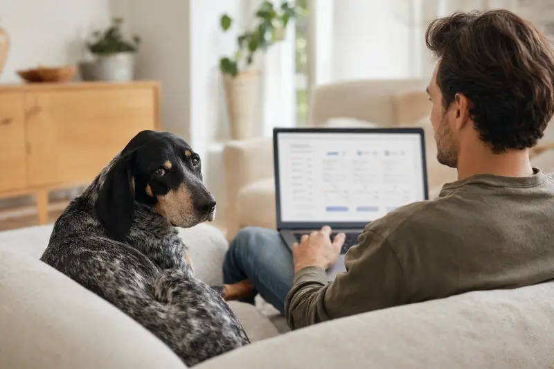 Ein Hundebesitzer mit Braque français auf dem Sofa, der einen Laptop nutzt, um Informationen zu Tierversicherungen zu vergleichen.