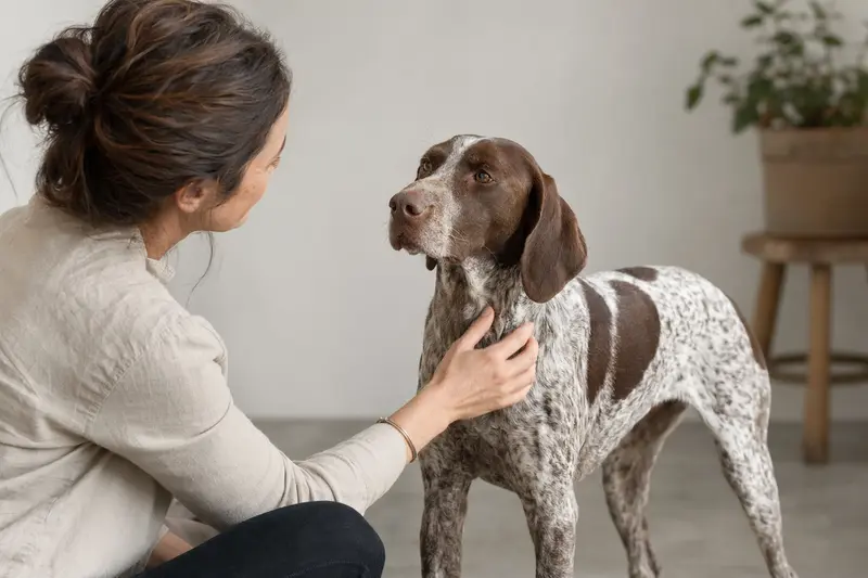 Aufmerksamer Braque Francais Typ Pyrenees Hund in natürlicher Haltung vor hellem Hintergrund, als realistisches Tierportrait.