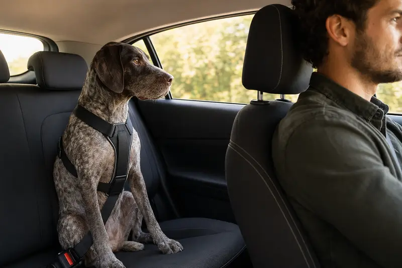 Ein Braque Francais Typ Pyrenees Hund ist sicher auf der Rückbank eines Autos angeschnallt.