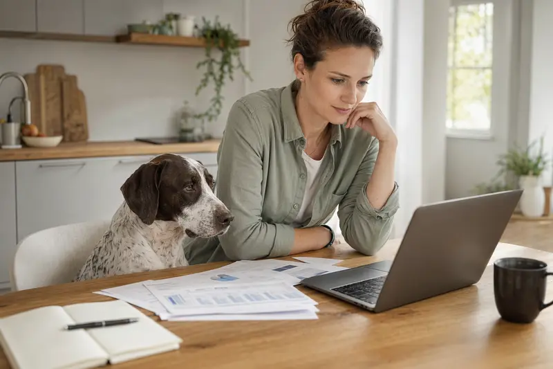 Ein Braque Francais Typ Pyrenees Hund sitzt entspannt neben seinem Besitzer am Küchentisch, auf dem Versicherungsunterlagen und ein Laptop liegen.