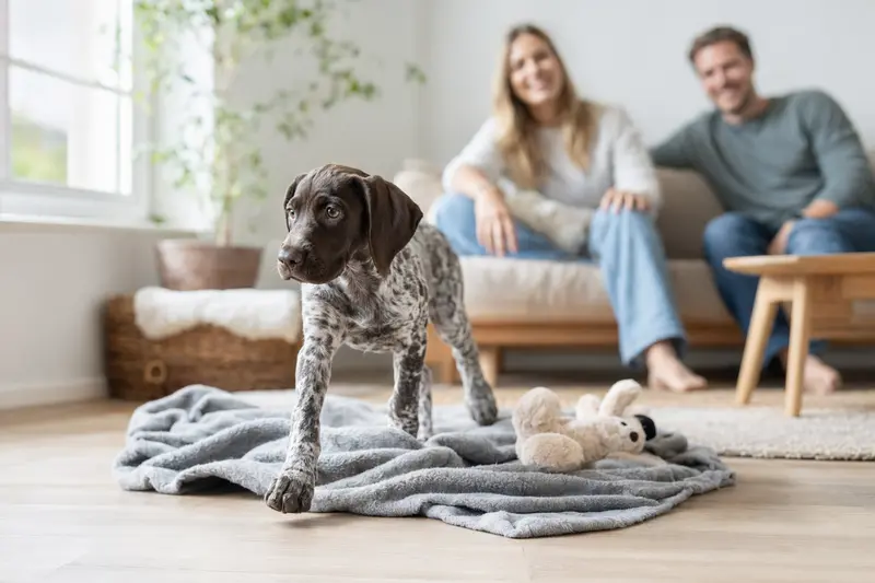 Ein neugieriger Braque Francais Typ Pyrenees Welpe erkundet seine helle und freundliche Wohnung mit weicher Decke und Spielzeug, während die Familie im Hintergrund liebevoll zuschaut.