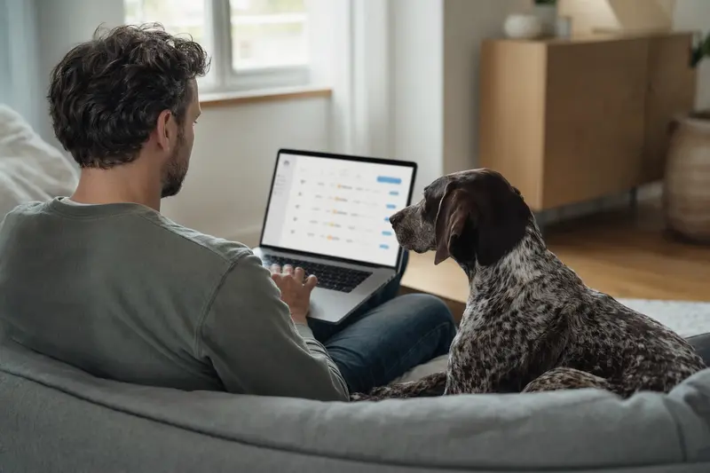 Ein Hundebesitzer sitzt mit einem Laptop auf dem Sofa, während ein Braque Francais Hund entspannt neben ihm liegt.