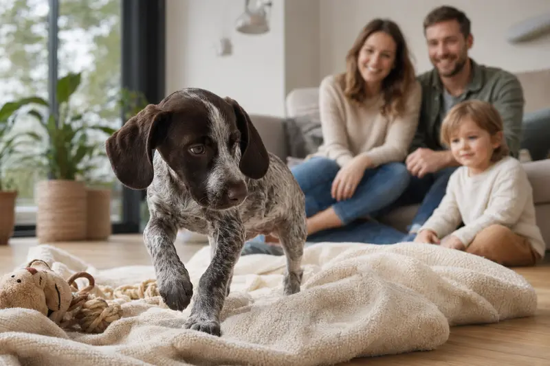 Ein junger Braque Francais Welpe erkundet neugierig seine neue Wohnumgebung mit Spielzeug und einer liebevollen Familie im Hintergrund.