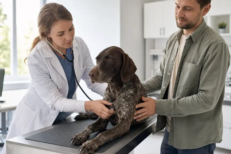 Eine freundliche Tierärztin untersucht einen Braque Saint-Germain Hund auf einem Untersuchungstisch in einer modernen Tierarztpraxis.