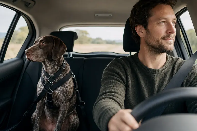 Ein abgebildeter Braque Saint-Germain Hund sitzt sicher im Auto auf der Rückbank, während der Besitzer ruhig fährt.