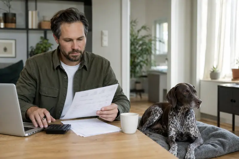 Ein Hundehalter sitzt mit einer Tierarztrechnung am Tisch, während ein Braque Saint-Germain entspannt auf einer Decke liegt und das Thema Tierarztkosten für Hunde sachlich veranschaulicht.