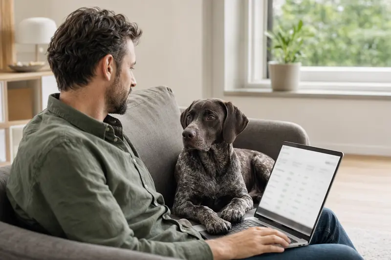Ein Hundebesitzer untersucht mit einem Laptop das Thema Tierkrankenversicherungen, während sein Braque Saint-Germain Hund entspannt auf dem Sofa liegt.