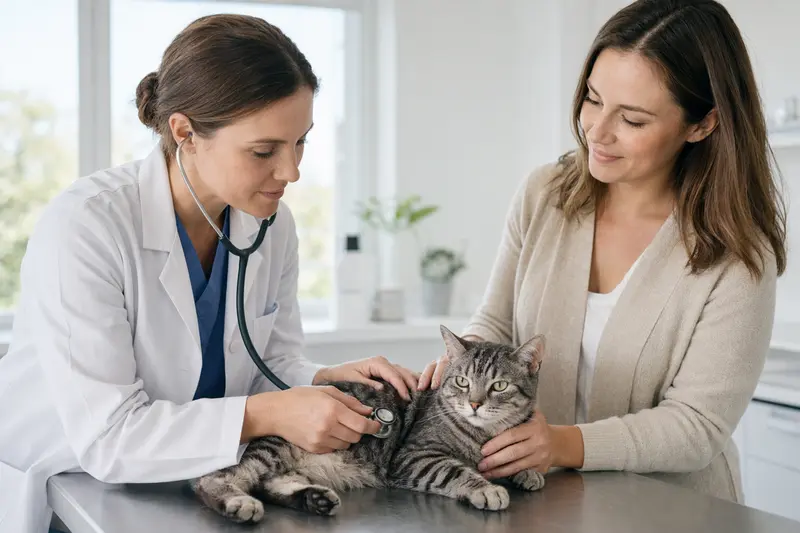 Eine Brasilianisch Kurzhaar Katze wird behutsam von einer Tierärztin auf einem Untersuchungstisch in einer modernen Praxis untersucht.