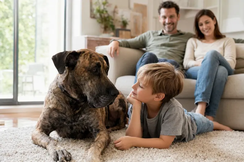 Eine freundliche Brasilianische Dogge liegt neben einem Kind in einem hellen Wohnzimmer, umgeben von einer liebevollen Familie.