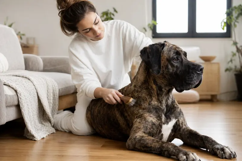 Eine Brasilianische Dogge wird zuhause sanft gebürstet, während der Besitzer liebevoll die Fellpflege übernimmt.