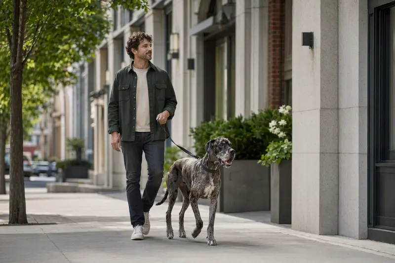 Eine Brasilianische Dogge läuft entspannt an der Leine mit ihrem Besitzer durch eine moderne Stadtstraße.