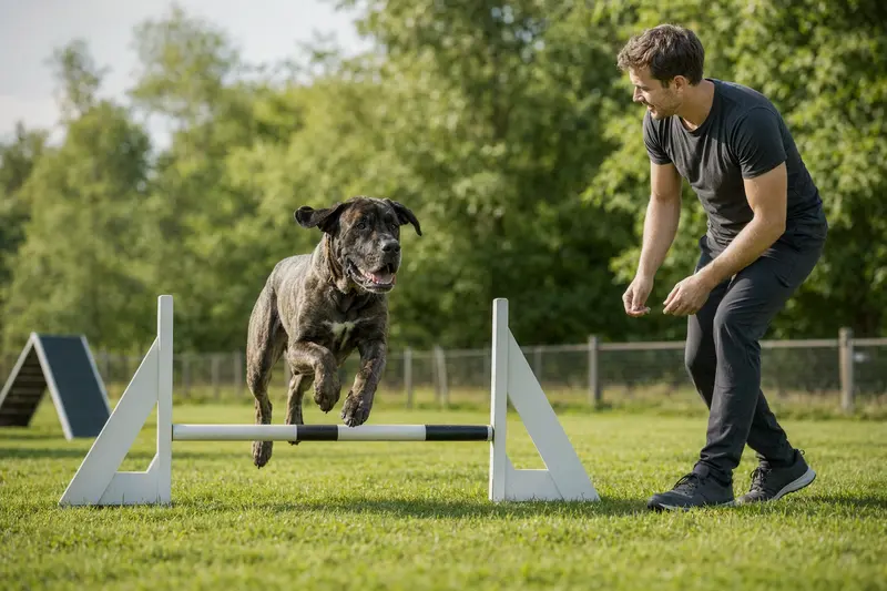 Eine Brasilianische Dogge springt mit ihrem Besitzer über eine kleine Trainingshürde auf dem Hundeplatz.